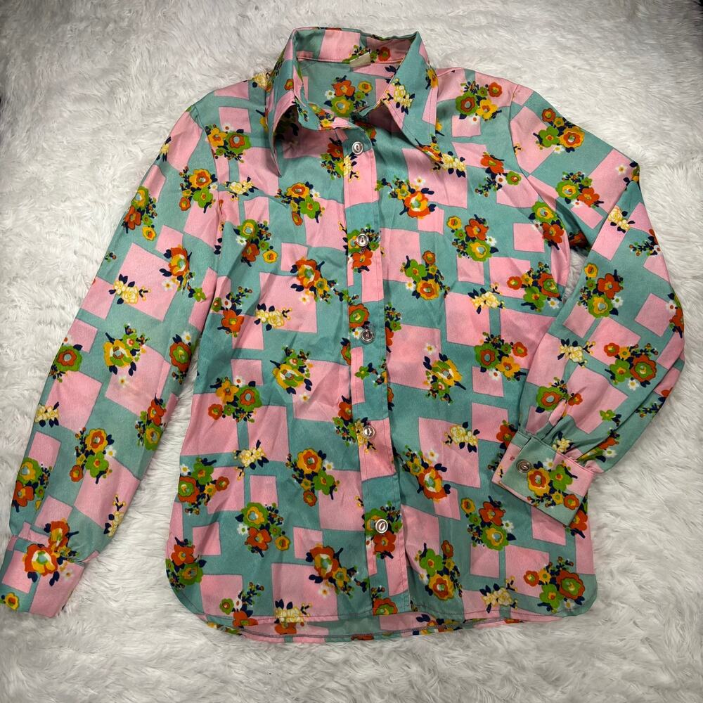 Vintage 70s Dagger Collar Blouse Floral Pastel Checked Psychedelic Shirt 9
